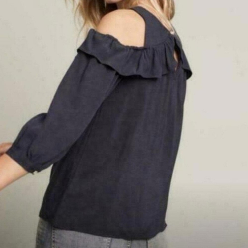 Anthro MAEVE RUFFLE COLD SHOULDER CUT OUT LIGHTWEIGHT BLACK DRESSY BLOUSE SIZE 2 - Picture 4 of 15